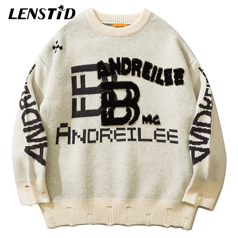 LENSTID Autumn Men Ripped Knitted Jumper Sweaters Hip Hop Letter Embroidery Streetwear Harajuku Fashion Casual Male Pullovers